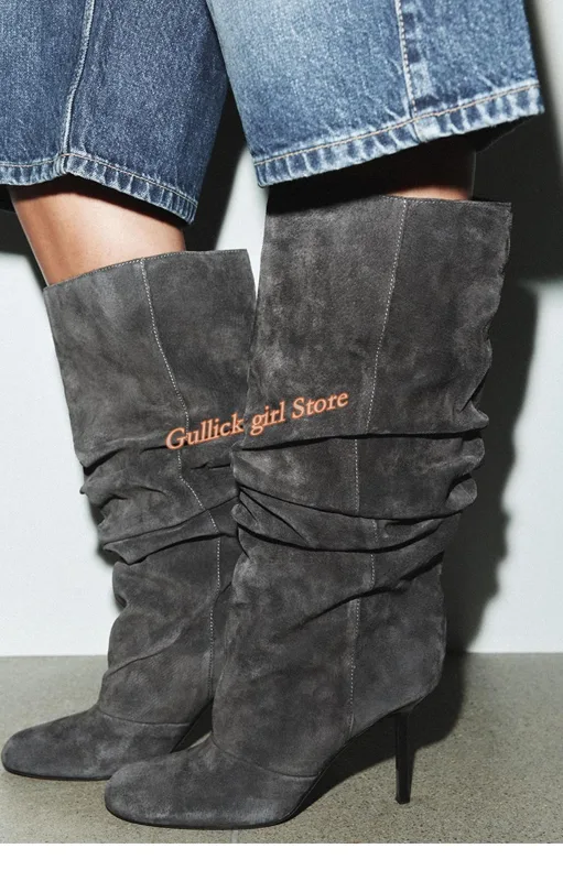 Women'S Fashion Winter 2026 - Suede Slouchy Knee High Boots Round