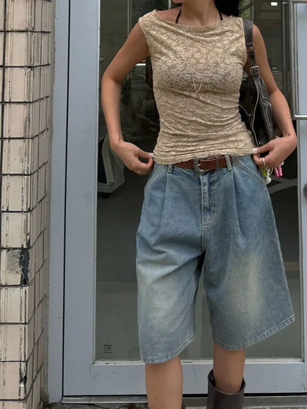 Denim Shorts Women - American Retro Washed Denim Five-Point Pants