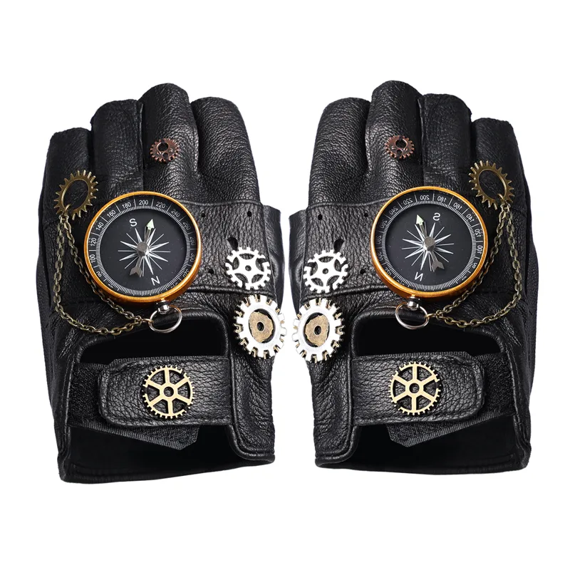 Women Fashion Gloves - Steampunk PU Leather Fingerless Compass Gloves