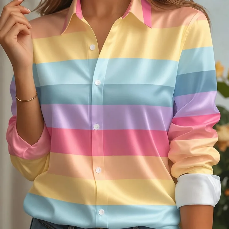 Trend Women Fashion - Women Satin Lapel Collar Shirt Pastel