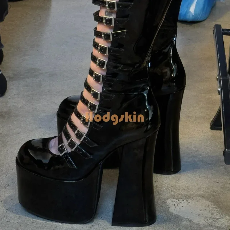 Women'S Fashion Winter 2026 - Gothic Black Buckle Platform Boots Patent