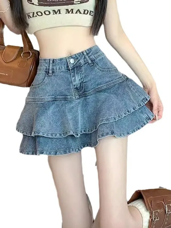 Denim Shorts Women - Women's Vintage Washed Denim Layered Ruffle