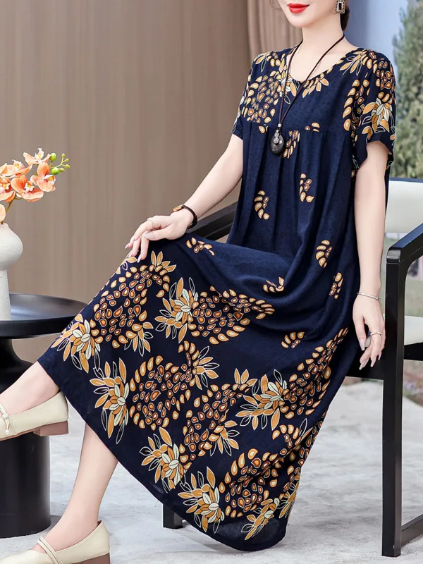 Women Fashion Over 50 - Elegant Mid-Length Cotton Silk Dress for