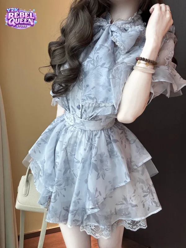 Ruched Dress Mini - Coquette Sweet Floral Print 2 Piece