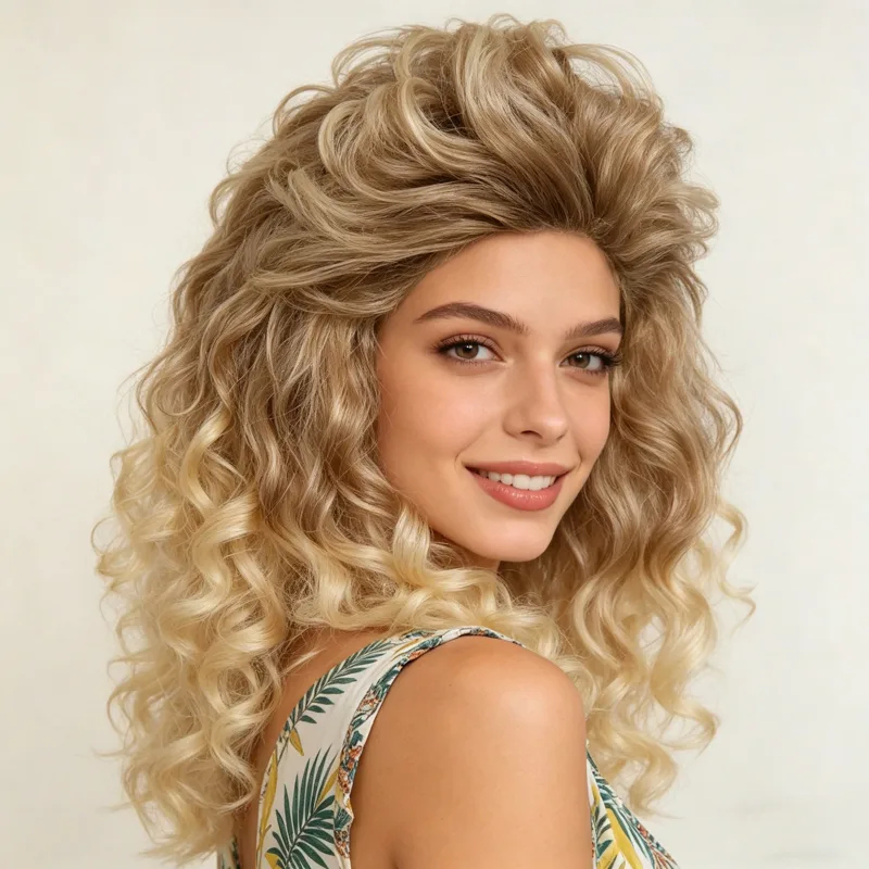 Women Fashion 80S - Synthetic Blonde Big Curly Wig for