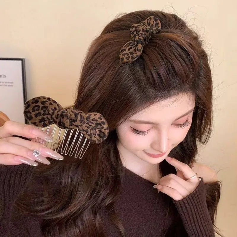 Women Fashion Hair Style - 1PCLeopard Print Bow Hair Combs For