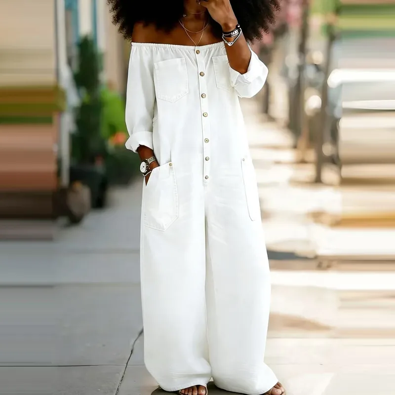 Women'S Fashion Vintage Off Shoulder Long Sleeve Jumpsuit - Elegant Off Shoulder Solid Denim Romper