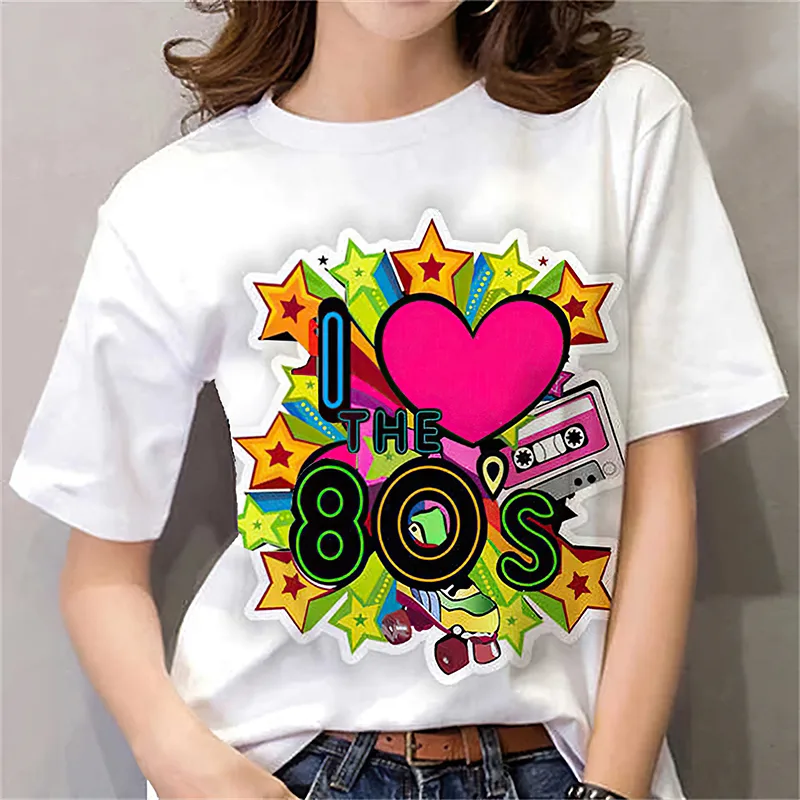 Women Fashion 80S - 80s Womens T Shirt Femal Black/White
