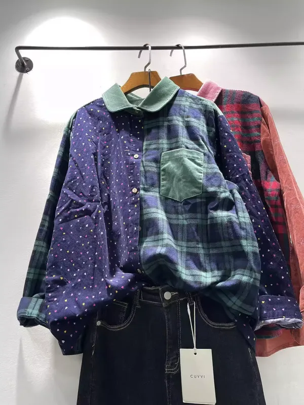 Women Fashion Japan - Elegant Green Blouse Woman Winter Corduroy