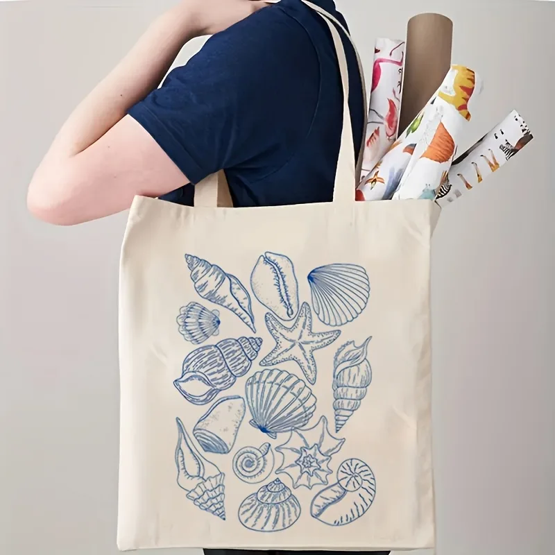 Canvas Tote Bag - 2026 Starfish and Shell Pattern Canvas