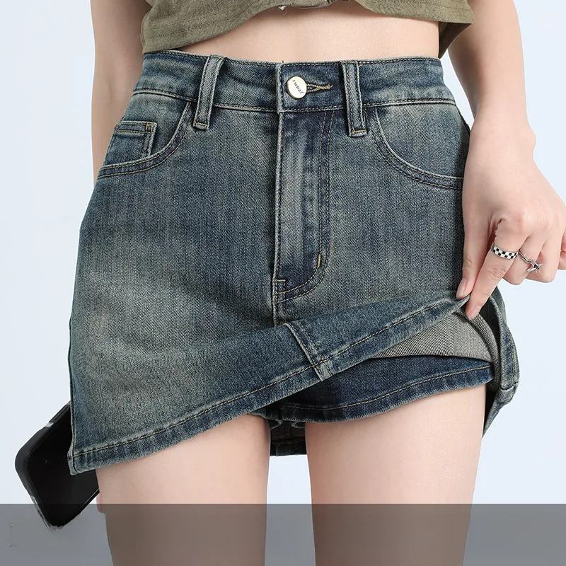 Denim Shorts Women - Women's Vintage Washed Denim Skort High