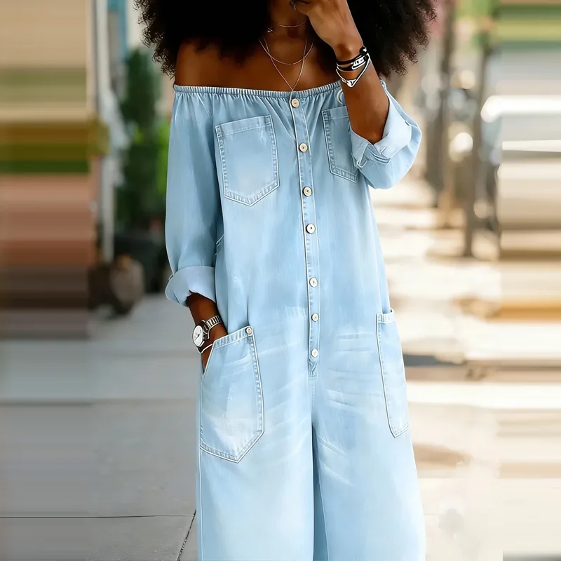 Elegant Off Shoulder Solid Den - Women'S Fashion Vintage Off Shoulder Long Sleeve Jumpsuit review and price